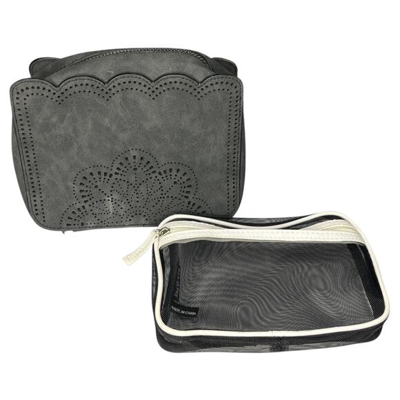 Trish McEvoy Black Suede Scalloped Makeup Planner Bag and Mesh Bag - Picture 1 of 10